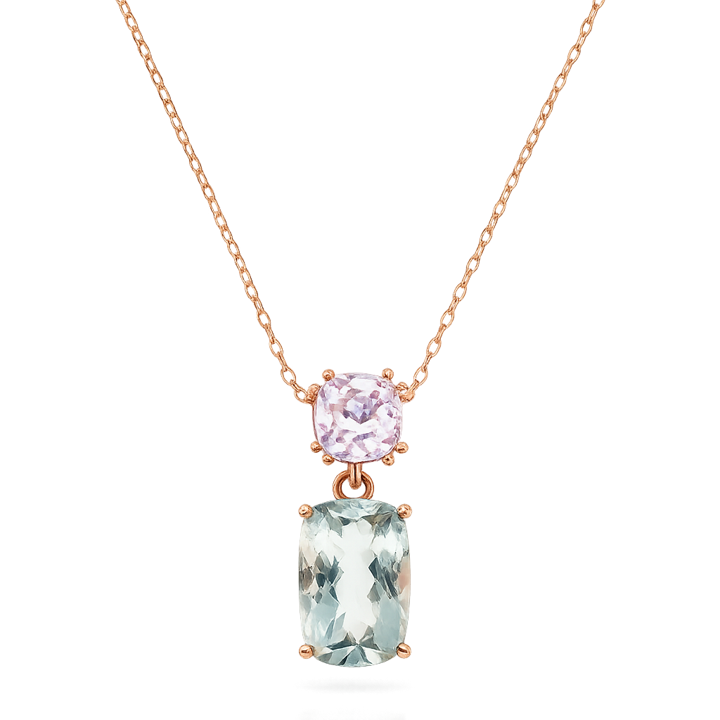 9krt roségouden collier met groene en paarse amethyst | 45cm