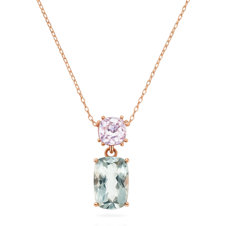 9krt roségouden collier met groene en paarse amethyst | 45cm