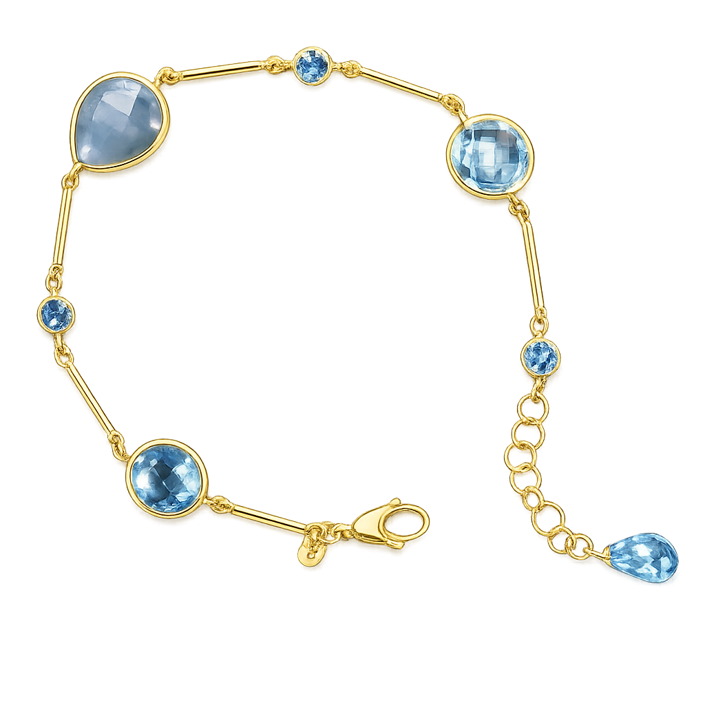 14krt geelgouden armband met london blue topaas en labradorite | 18cm