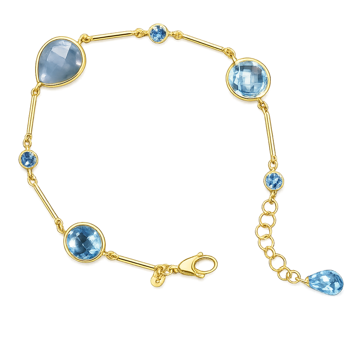 14krt geelgouden armband met london blue topaas en labradorite | 18cm