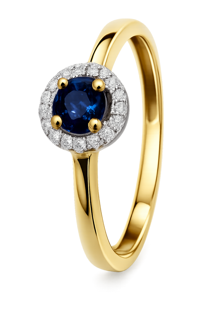 14krt geelgouden ring met 0.24 blauw saffier en diamant 17-0.05ct HSI