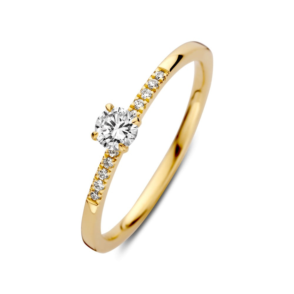 14krt geelgouden rijring met LG diamant | 1-0.20ct & 10-0.06ct HSI
